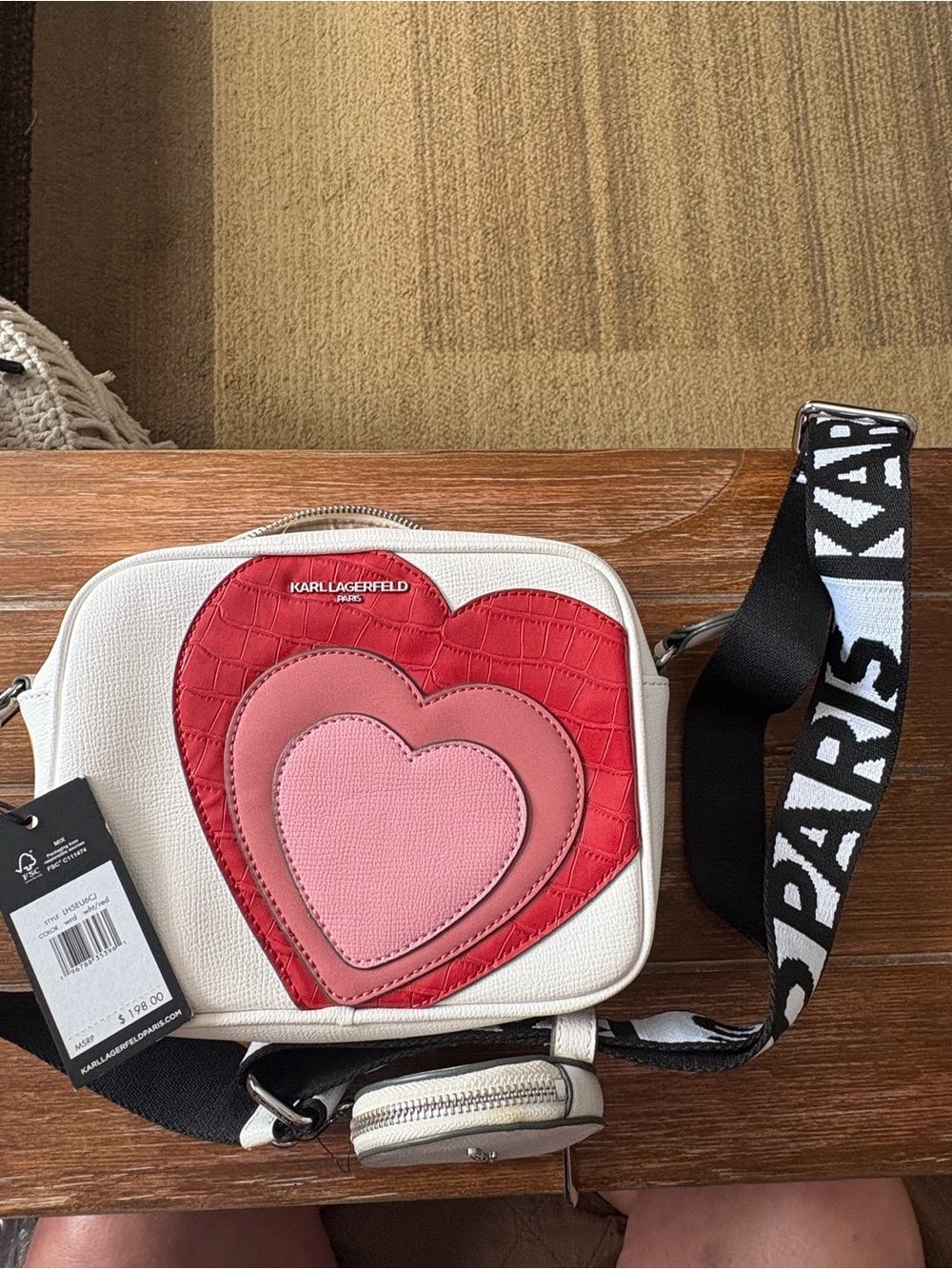 Karl Lagerfeld White Crossbody with Layered Red and Pink Heart Appliqués
